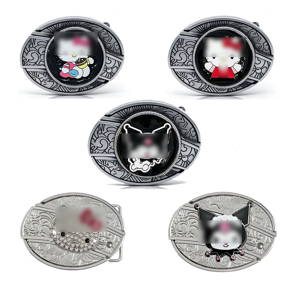 Kawaii character engraved belt buckles with cute kitty-inspired artwork, glossy enamel finish, rhinestone detail, and silver-tone metal frames