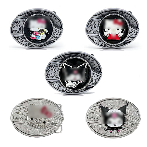 Kawaii character engraved belt buckles with cute kitty-inspired artwork, glossy enamel finish, rhinestone detail, and silver-tone metal frames