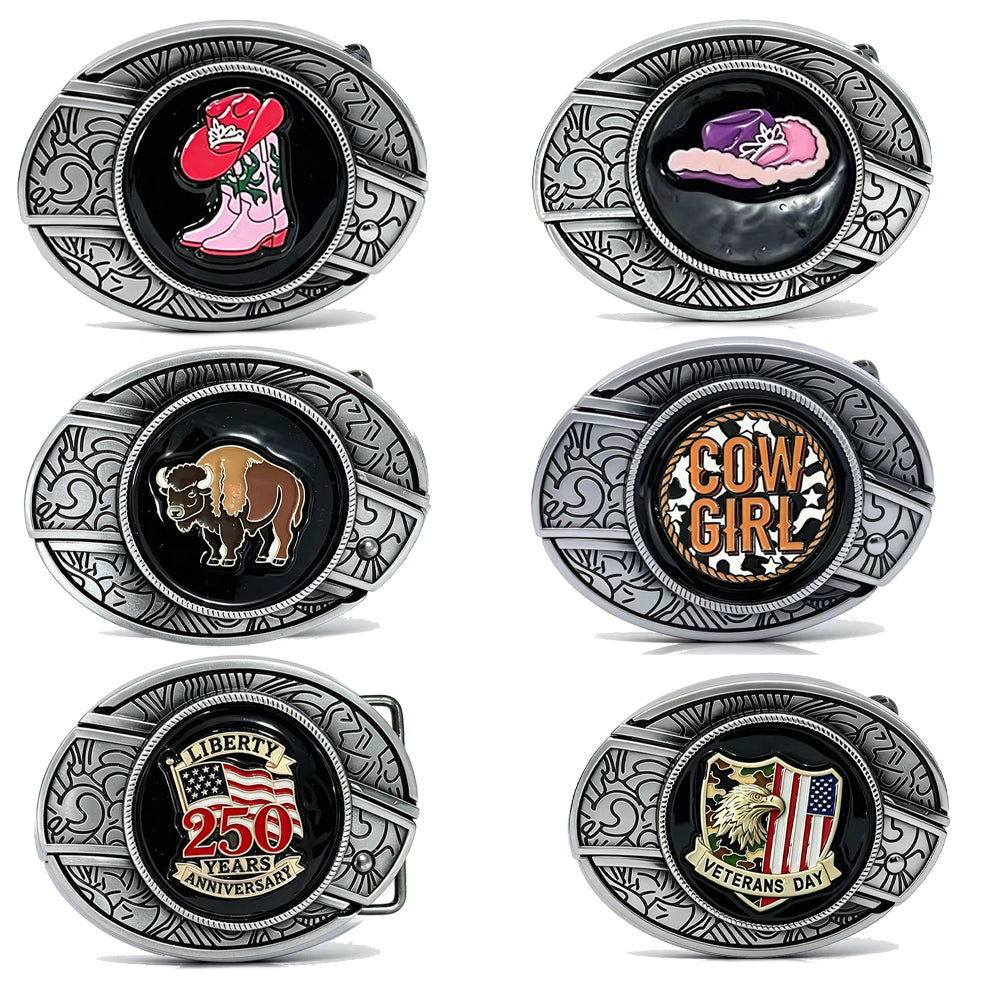Western Cowboy Series engraved belt buckles with cowgirl, buffalo, patriotic eagle, Liberty 250, boot, and hat designs