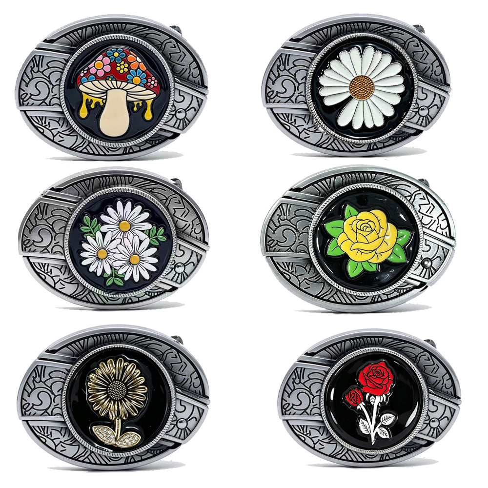 Botanical Series engraved belt buckles featuring rose, daisy, mushroom, sunflower, and floral enamel designs