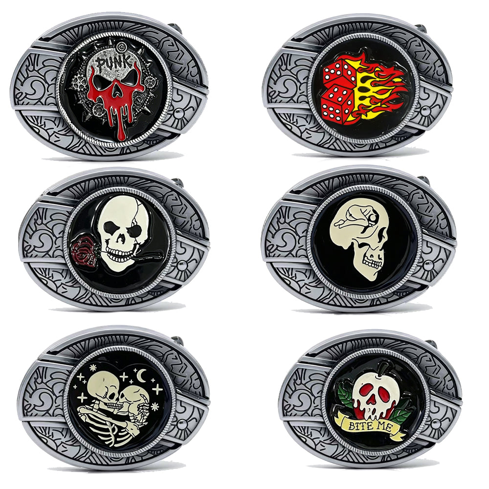 Punk Rock Series engraved belt buckles with skull, skeleton, flaming dice, gothic, and bite me apple enamel designs