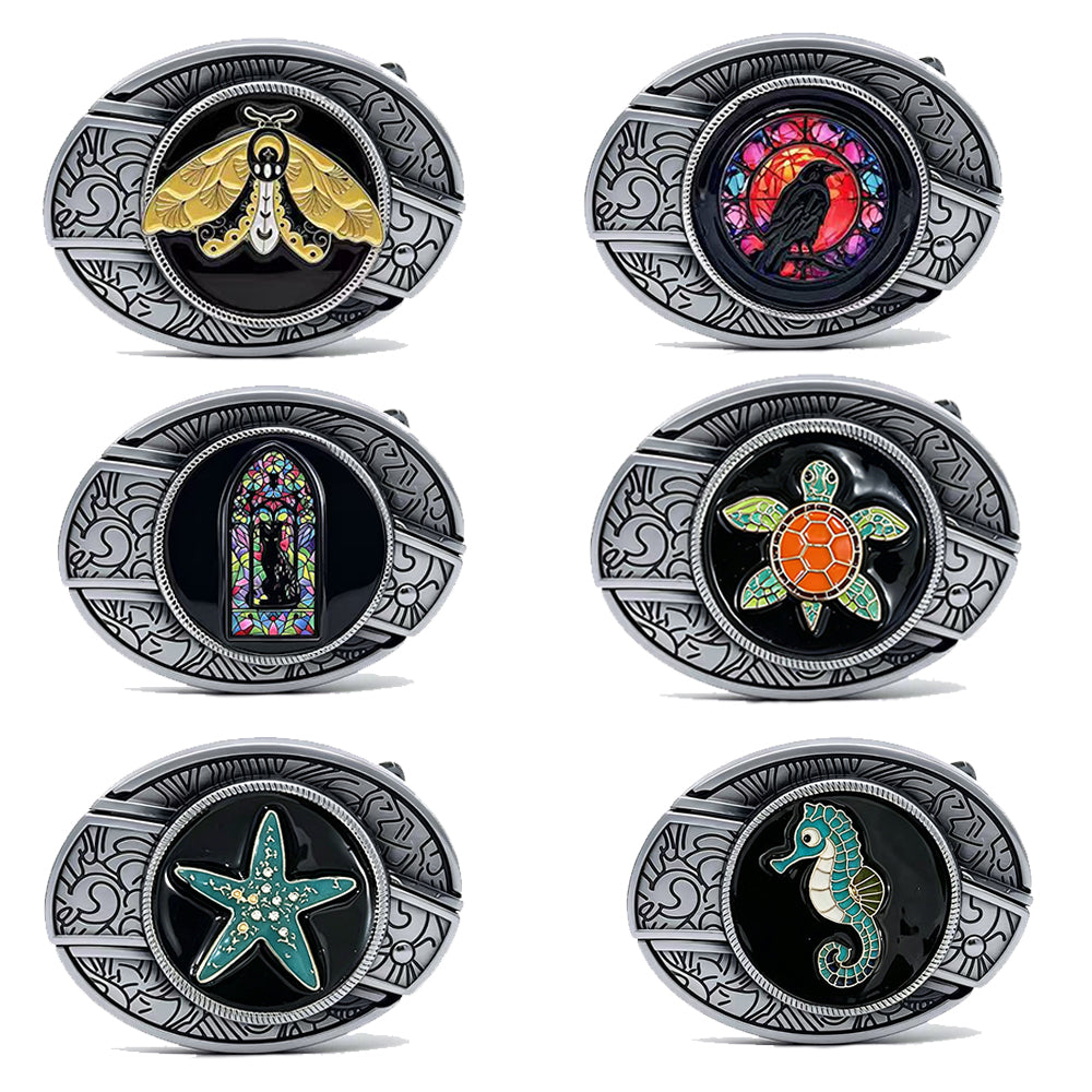 Animal Series engraved silver-tone belt buckles with raven, moth, turtle, starfish, seahorse, and cat enamel designs