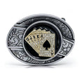 Western poker cards belt buckle with gold-tone rhinestone ace spade design and engraved silver metal frame