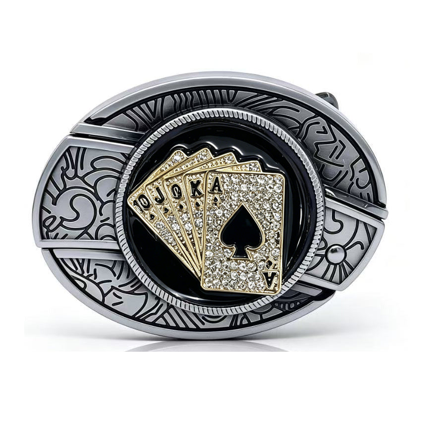 Western poker cards belt buckle with gold-tone rhinestone ace spade design and engraved silver metal frame