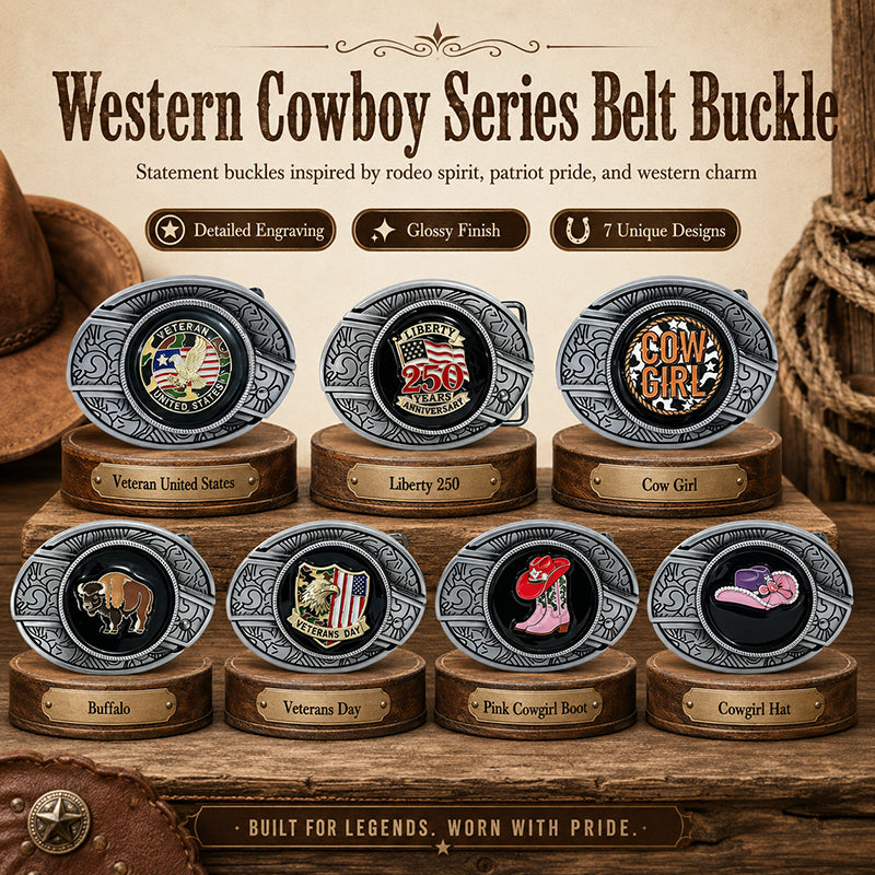 Western Cowboy Series engraved belt buckles with cowgirl, buffalo, patriotic eagle, Liberty 250, boot, and hat designs