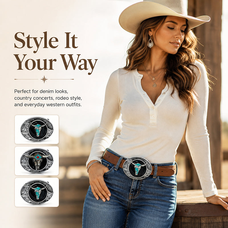 TOPACC Enameled Oval Unisex Belt Buckle - Western Longhorn Belt Buckles