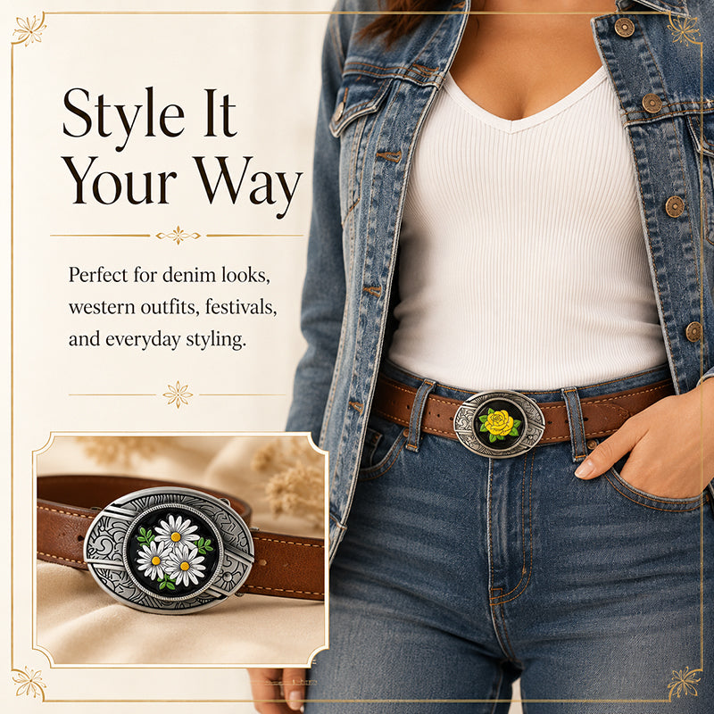 TOPACC Enameled Oval Unisex Belt Buckle - Botanical Belt Buckles