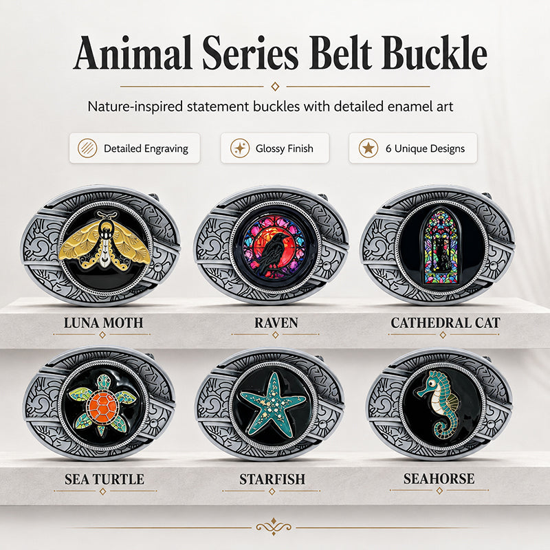 Animal Series engraved silver-tone belt buckles with raven, moth, turtle, starfish, seahorse, and cat enamel designs
