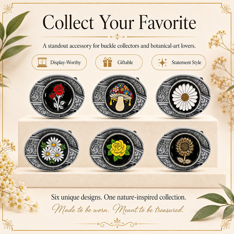 Botanical Series engraved belt buckles featuring rose, daisy, mushroom, sunflower, and floral enamel designs