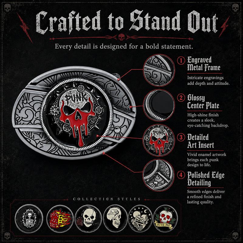 Punk Rock Series engraved belt buckles with skull, skeleton, flaming dice, gothic, and bite me apple enamel designs