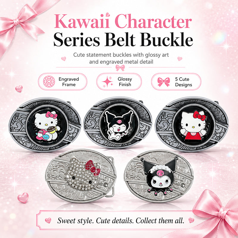 Kawaii character engraved belt buckles with cute kitty-inspired artwork, glossy enamel finish, rhinestone detail, and silver-tone metal frames