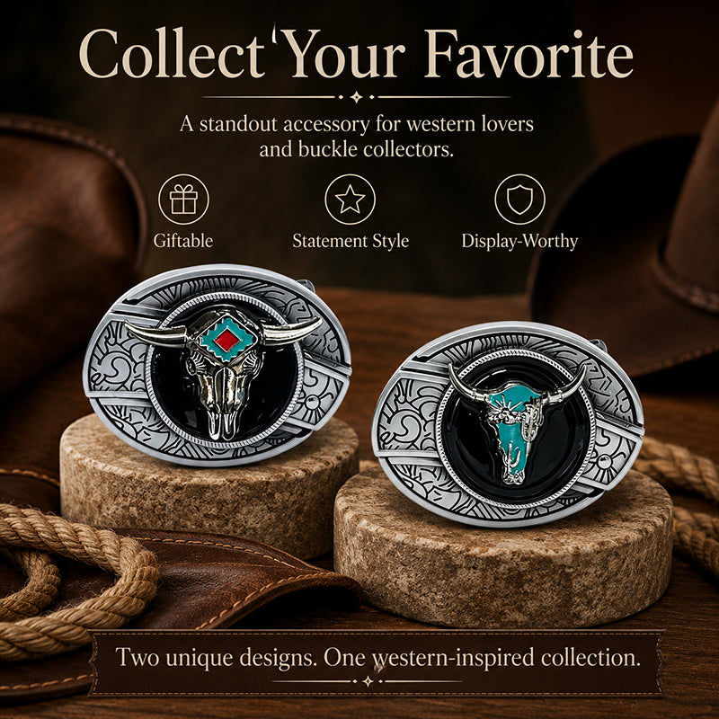 TOPACC Enameled Oval Unisex Belt Buckle - Western Longhorn Belt Buckles
