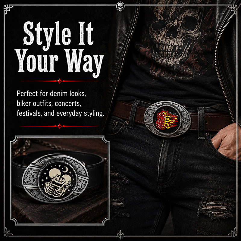 Punk Rock Series engraved belt buckles with skull, skeleton, flaming dice, gothic, and bite me apple enamel designs