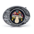 Botanical Series engraved belt buckles featuring rose, daisy, mushroom, sunflower, and floral enamel designs