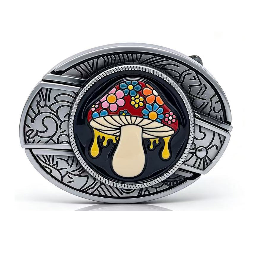 Botanical Series engraved belt buckles featuring rose, daisy, mushroom, sunflower, and floral enamel designs
