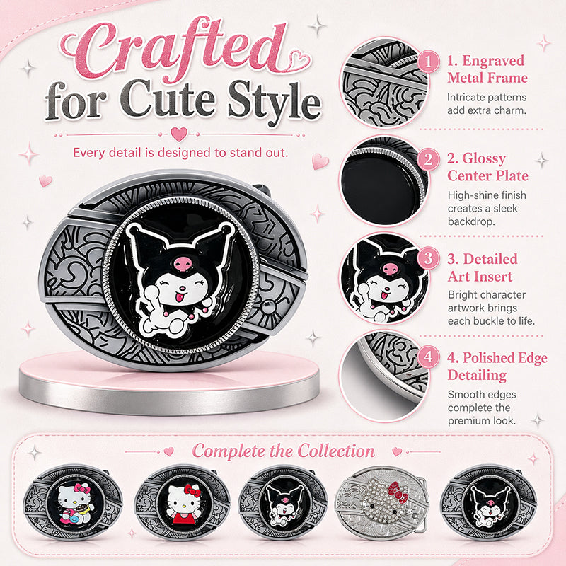 Kawaii character engraved belt buckles with cute kitty-inspired artwork, glossy enamel finish, rhinestone detail, and silver-tone metal frames