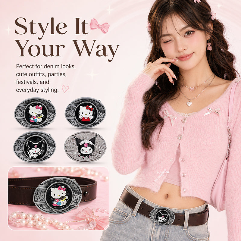 Kawaii character engraved belt buckles with cute kitty-inspired artwork, glossy enamel finish, rhinestone detail, and silver-tone metal frames