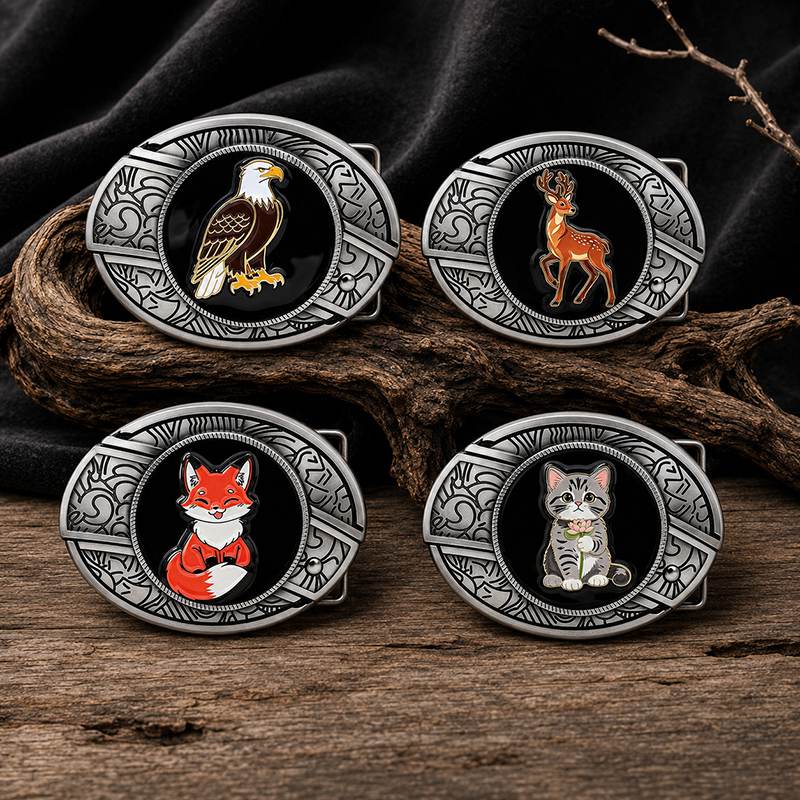 Animal western belt buckle series with eagle deer fox and cat designs on antique silver frame