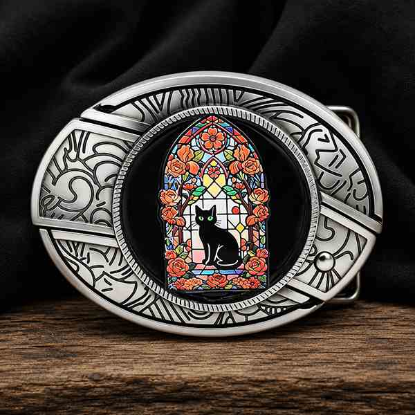 Boucle de ceinture en vitrail ornée de motifs floraux et d'un chat noir, avec une gravure cowboy vintage en argent