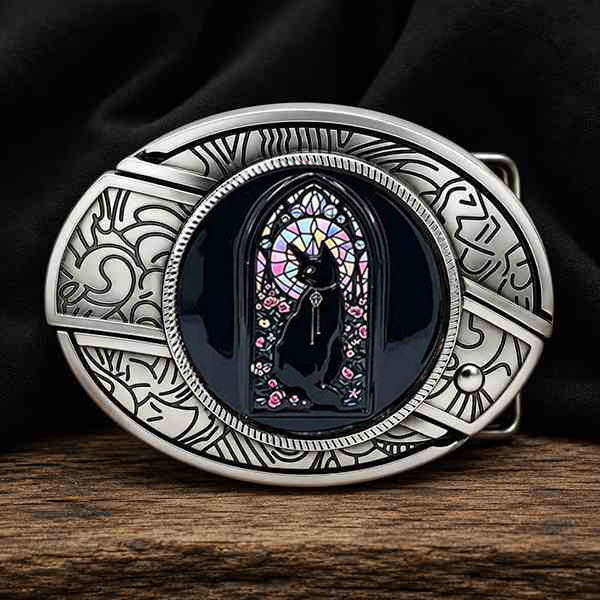 Boucle de ceinture western ornée d'une rosace vitrée représentant un chat noir et de décorations en émail vitrail coloré