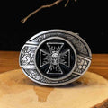 Black silver skull cross western belt buckle with antique engraved frame