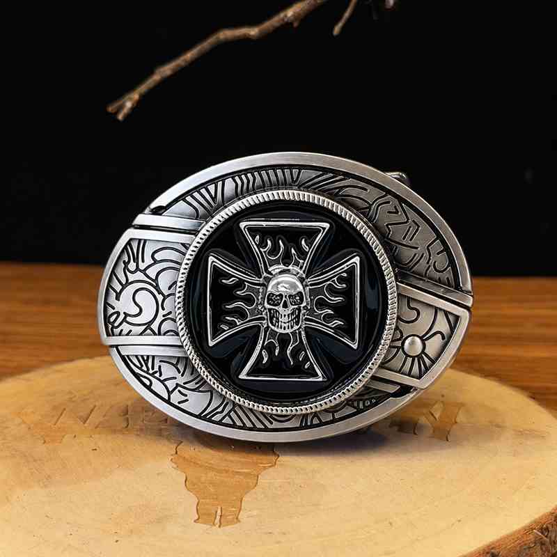 Black silver skull cross western belt buckle with antique engraved frame