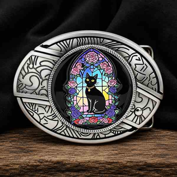 Boucle de ceinture western à motif de chat noir en vitraux colorés et des détails émaillés brillants
