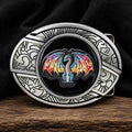 Colorful stained glass dragon western belt buckle with antique silver engraved frame