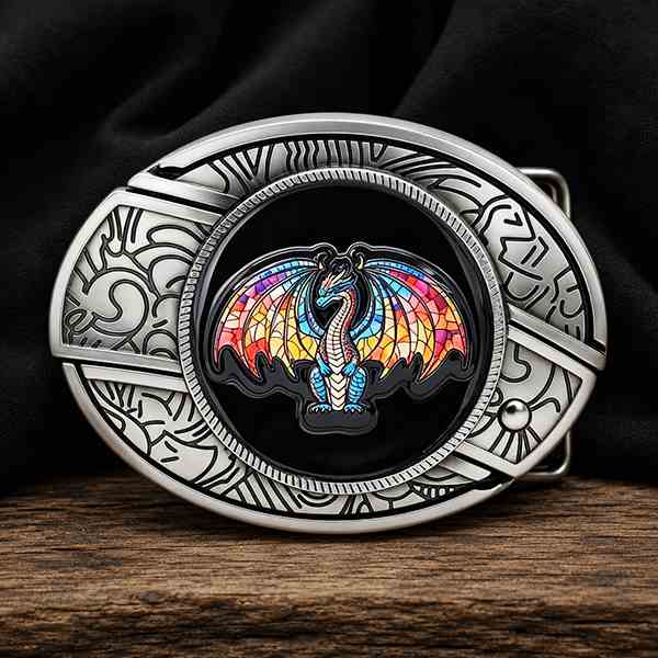 Colorful stained glass dragon western belt buckle with antique silver engraved frame