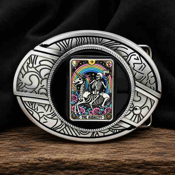 Boucle de ceinture western en forme de carte de tarot colorée, avec une œuvre émaillée gothique et un cadre de cowboy
