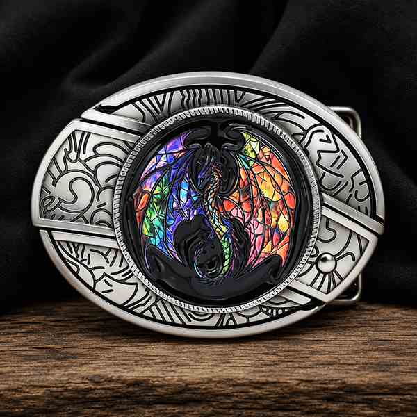 Dark gothic dragon belt buckle with stained glass wings and engraved silver frame