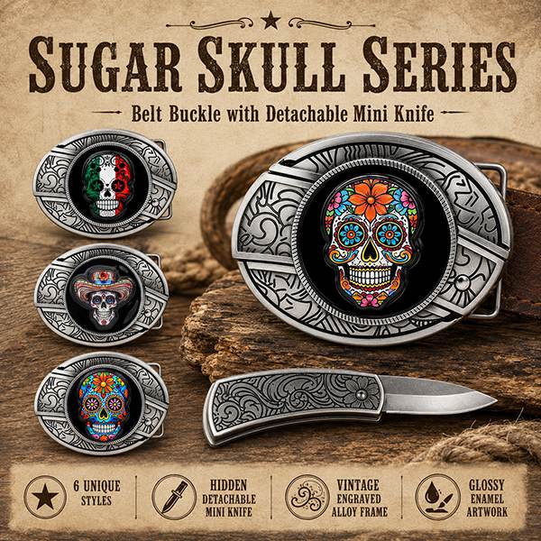 Detachable mini folding knife sugar skull belt buckle with engraved alloy frame