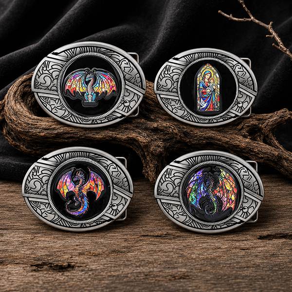Stained glass fantasy western belt buckle series with dragon and gothic artwork