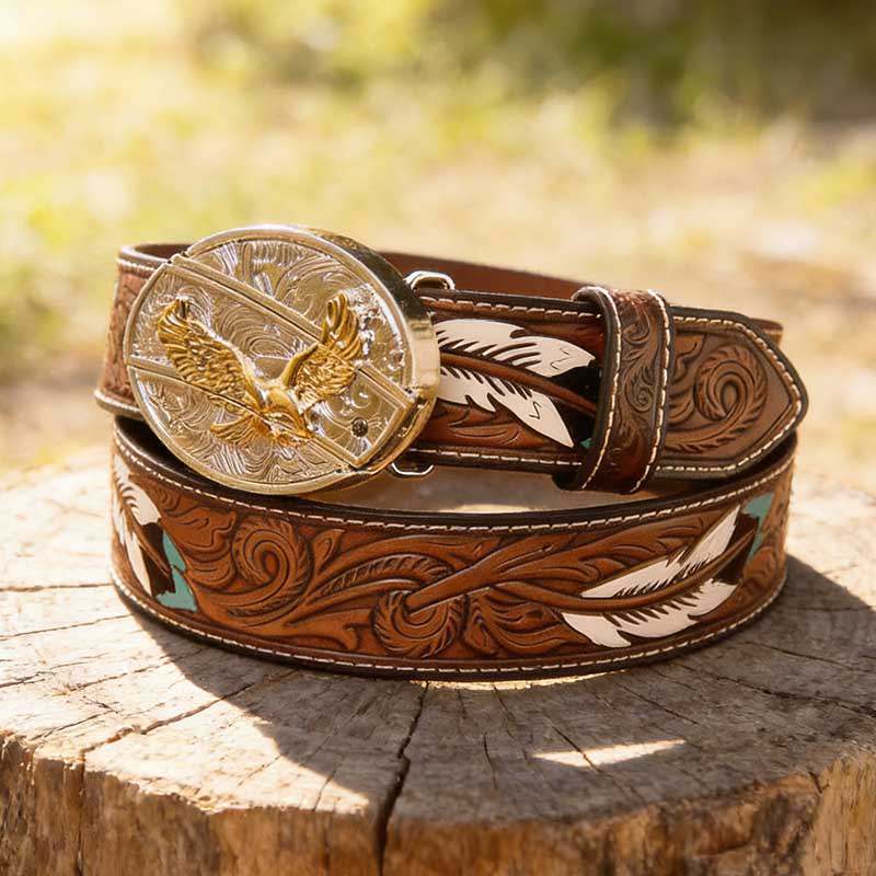 T-Brown Leather Belt with Two-tone Strap Holder Buckle