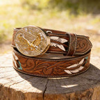 T-Brown Leather Belt with Two-tone Strap Holder Buckle