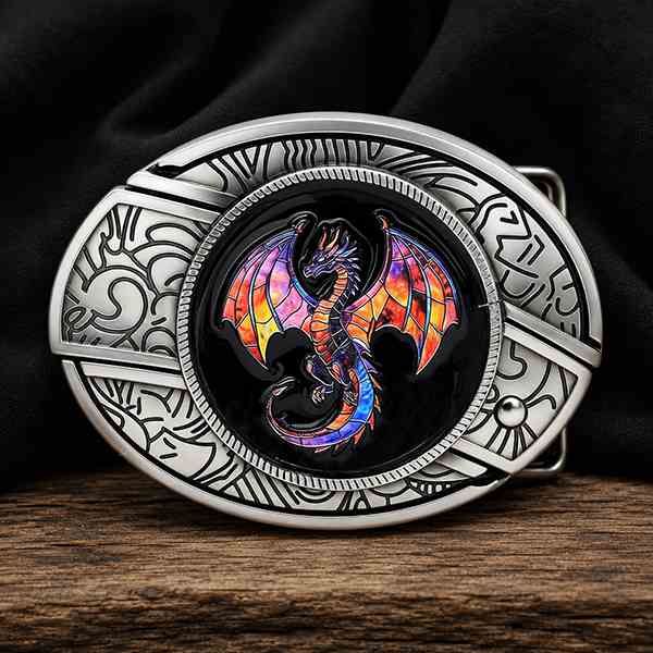Flame dragon fantasy western belt buckle with glossy enamel artwork