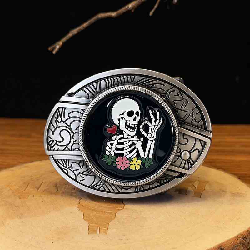 Boucle de ceinture western à décor de squelette amusant formant un signe de paix, avec un centre en émail noir brillant