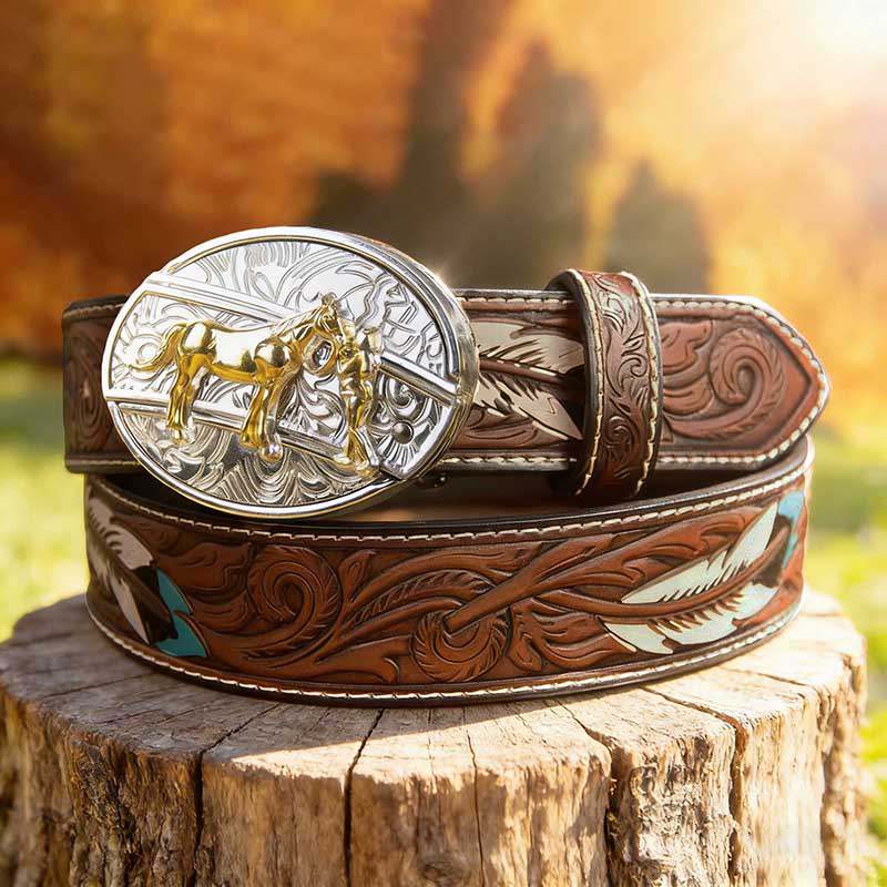 T-Brown Leather Belt with Two-tone Strap Holder Buckle
