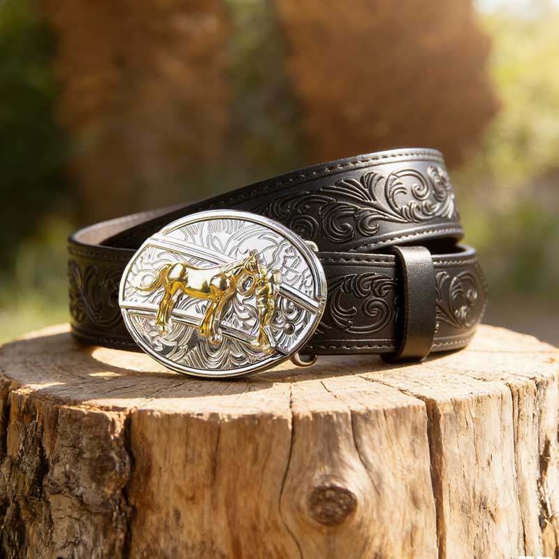 T-Black Leather Belt with Two-tone Strap Holder Buckle