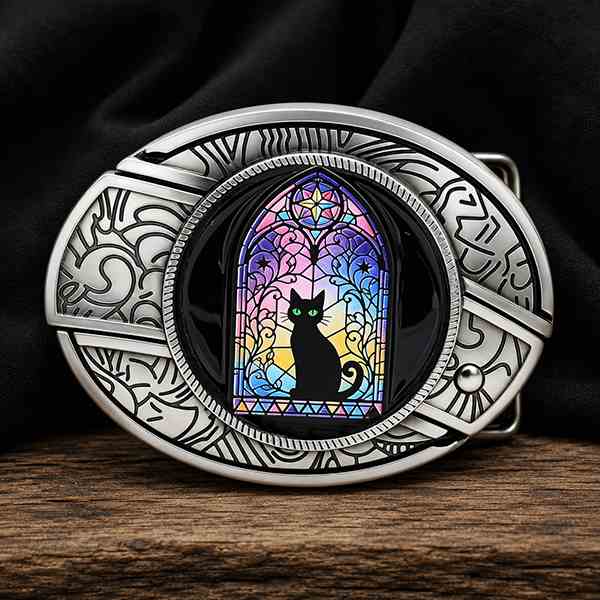 Boucle de ceinture en forme de fenêtre de chapelle avec un chat noir gothique et cadre western en argent antique
