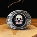 Gothic skull butterfly western belt buckle with antique silver engraved frame