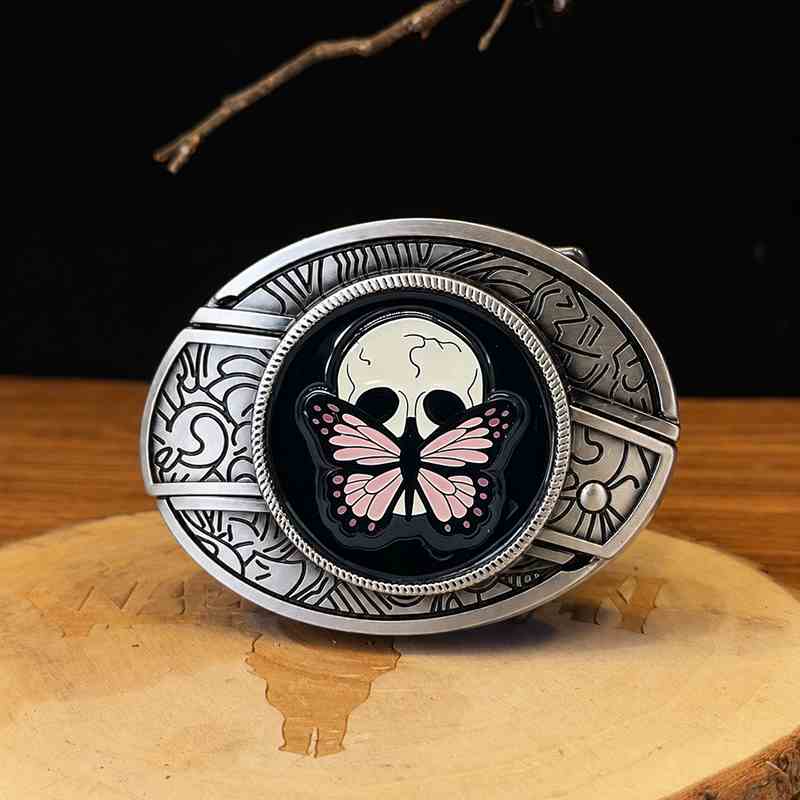 Gothic skull butterfly western belt buckle with antique silver engraved frame