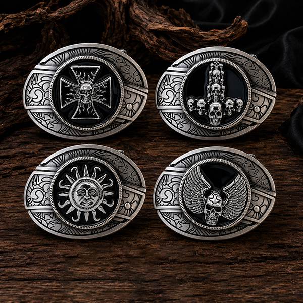 Gothic skull emblem western belt buckle series with black enamel and vintage silver engraving