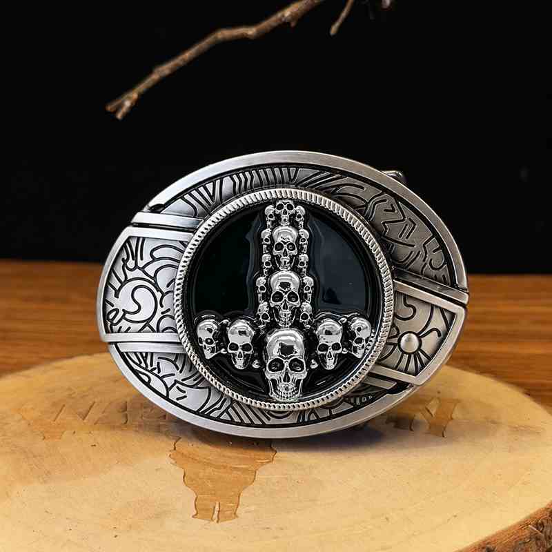 Gothic skull tower belt buckle with glossy black enamel center and silver frame
