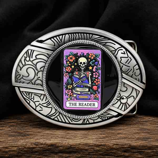 Boucle de ceinture de lecteur de tarot gothique, décorée d'une œuvre de crâne et d'un cadre western argenté vintage