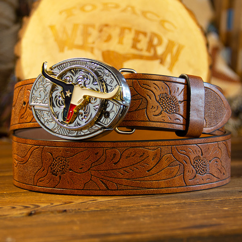 TOPACC Western Retro Style PU Embossed Leather Belt - Square Buckle