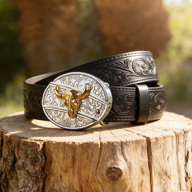 T-Black Leather Belt with Two-tone Strap Holder Buckle