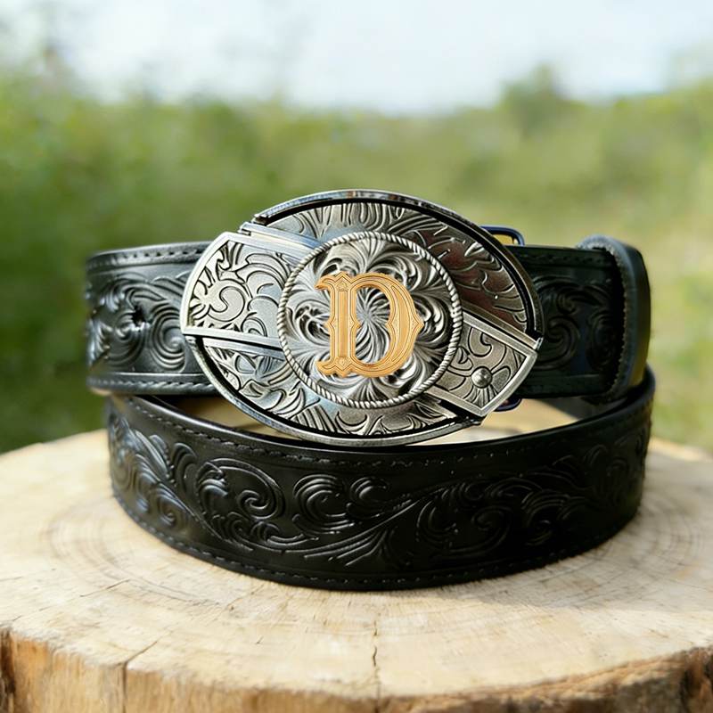 T- Letter Buckle Black Genuine Leather Belts