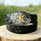 T- Letter Buckle Black Genuine Leather Belts