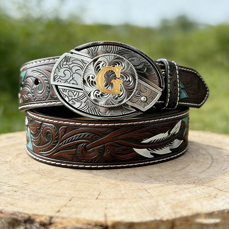 T- Letter Buckle Feather Genuine Leather Belts